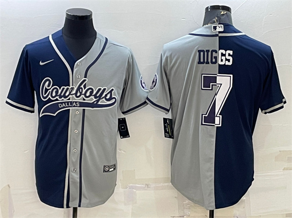 Men's Dallas Cowboys #7 Trevon Diggs Navy/Gray Split With Patch Cool Base Stitched Baseball Jersey